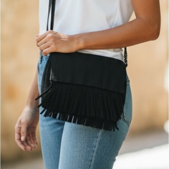 Twice Chic Boutique Handbags - BREA BOHO CHIC BLACK FRINGE CROSSBODY BAG